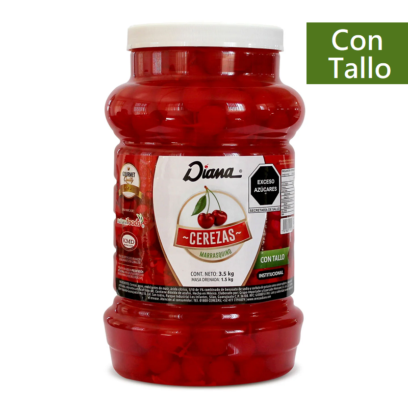 Cerezas Rojas en Almíbar | Con Tallo | Diana® | CIL 3.5Kg.Neto-Dren1.8Kg                                                                                